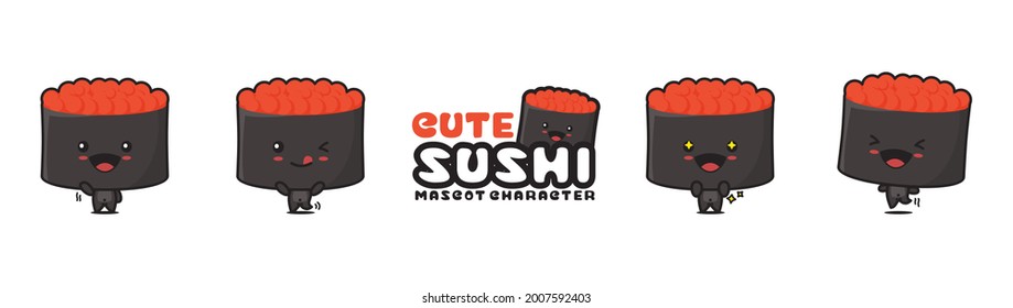 cute sushi mascot and tuna fish roe above, with different facial expressions and poses, isolated on a white background