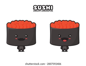 cute sushi mascot and tuna fish roe above, japanese cuisine cartoon illustration, isolated on white background