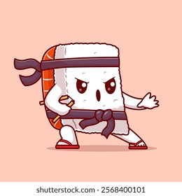 Cute Sushi Ninja Fighter With Double Stick Karate Cartoon 
Vector Icon Illustration. Food holiday Icon Concept Isolated 
Premium Vector. Flat Cartoon Style 