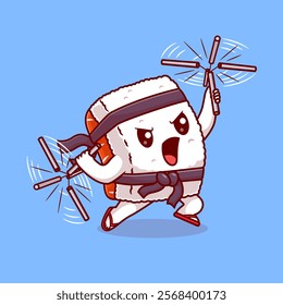 Cute Sushi Ninja Fighter With Double Stick Karate Cartoon 
Vector Icon Illustration. Food holiday Icon Concept Isolated 
Premium Vector. Flat Cartoon Style 