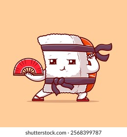 Cute Sushi Ninja Fighter Holding Handheld Fan Cartoon Vector 
Icon Illustration. Holiday Food Icon Concept Isolated Premium 
Vector. Flat Cartoon Style 