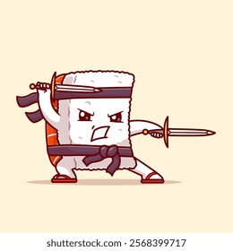 Cute Sushi Ninja Holding Katana Sword Cartoon Vector Icon 
Illustration. Food Holiday Icon Concept Isolated Premium 
Vector. Flat Cartoon Style 