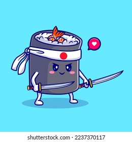 Cute Sushi Ninja Holding Sword Katana Cartoon Vector Icon Illustration. Food Holiday Icon Concept Isolated Premium Vector. Flat Cartoon Style