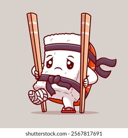 Cute Sushi Ninja Injured With Chopstick Cartoon Vector Icon 
Illustration. Holiday Food Icon Concept Isolated Premium 
Vector. Flat Cartoon Style 