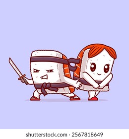 Cute Sushi Ninja Protect Sushi Girl With Katana Sword 
Cartoon Vector Icon Illustration Food Holiday Icon Concept 
Isolated Premium Vector. Flat Cartoon Style