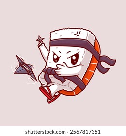 Cute Sushi Ninja With Shuriken Cartoon Vector Icon 
Illustration Food Holiday Icon Concept Isolated Premium 
Vector. Flat Cartoon Style 