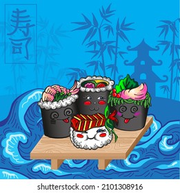 Sushi suave con pulpo, anguila y camarones sobre un soporte de madera. Los jeroglíficos representan sushi. Antecedentes de estilo japonés en la ola marina. Bambú y pagoda en el fondo