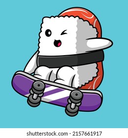 Cute Sushi Playing Skateboard Cartoon Vector Icon Illustration. Food Sport Icon Concept Isolated Premium Vector.