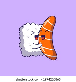 Cute Sushi Rice Hug Salmon Fillet Characters Flat Vector Illustration Isolated.