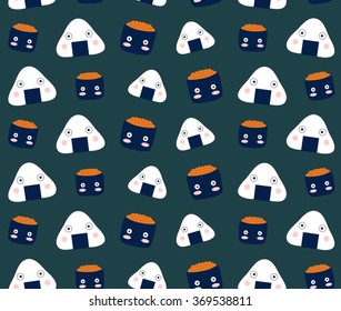 Cute sushi rice japanese food on green background design pattern seamless wallpaper. Vector image