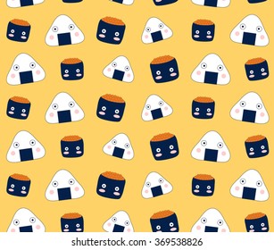 Cute sushi rice japanese food on orange background design pattern seamless wallpaper. Vector image