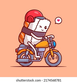 Cute Sushi Riding Motorbike Cartoon Vector Icon Illustration. Food Transportation Icon Concept Isolated Premium Vector. Flat Cartoon Style