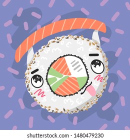 Cute sushi roll with avocado, salmon and sesame on lavander background. Vector