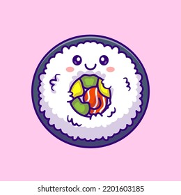 Cute Sushi Roll Cartoon Vector Icon Illustration. Food Holiday Icon Concept Isolated Premium Vector. Flat Cartoon Style