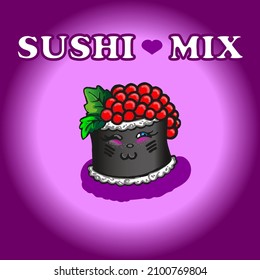 Cute sushi roll with caviar. Winking with blue beautiful eyes. On a purple gradient background. 
