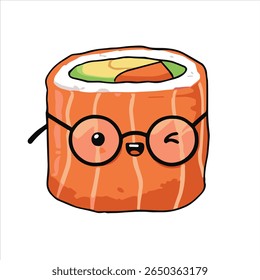 Cute sushi roll character with orange salmon wrap, wearing round glasses, winking cheerfully, and filled with avocado, mango, and carrot on a white background.

