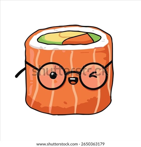 Cute sushi roll character with orange salmon wrap, wearing round glasses, winking cheerfully, and filled with avocado, mango, and carrot on a white background.

