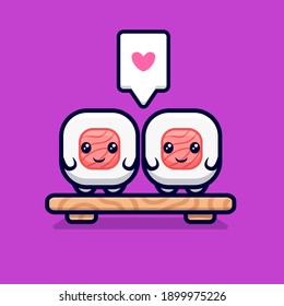 Cute Sushi Roll Couple Fall in Love Cartoon Vector Icon Illustration