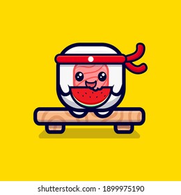 Cute Sushi Roll Eat Watermelon Cartoon Vector Icon Illustration
