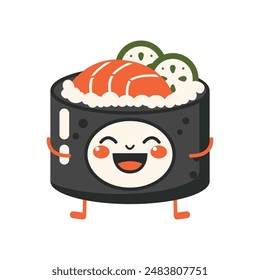 Cute Sushi Roll Japanese Food Cartoon Character with Happy Expression