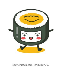 Cute Sushi Roll Japanese Food Cartoon Character with Happy Expression