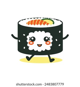 Cute Sushi Roll Japanese Food Cartoon Character with Happy Expression