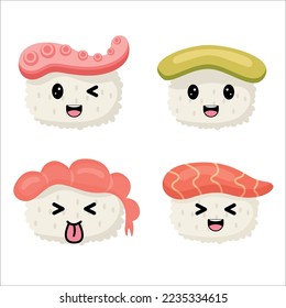 Cute sushi roll with kawaii eyes and smile with salmon, avocado,  shrimp and octopus. Flat design vector illustration