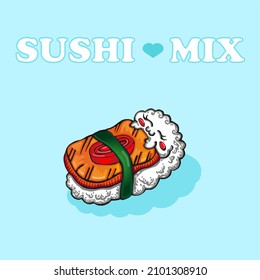 Cute sushi roll nigiri with salmon sleeps with closed eyes and ruddy cheeks covered with a blanket. On a blue background. 
