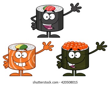 Cute Sushi Rolls Cartoon Mascot Characters. Set Vector Collection Isolated On White