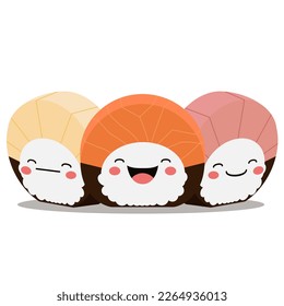 Cute sushi rolls. Kawaii face style. Set of three. Flat vector illustration.