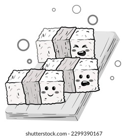 Cute sushi and rolls in kawaii Japanese traditional cuisine dishes black and white outline for coloring pages