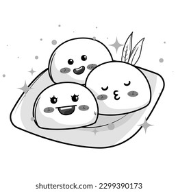 Cute sushi and rolls in kawaii Japanese traditional cuisine dishes black and white outline for coloring pages