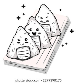 Cute sushi and rolls in kawaii Japanese traditional cuisine dishes black and white outline for coloring pages