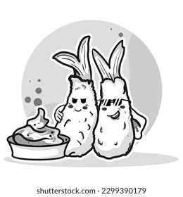 Cute sushi and rolls in kawaii Japanese traditional cuisine dishes black and white outline for coloring pages
