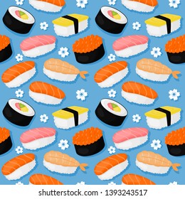 cute sushi and rolls seamless pattern. Japanese food on blue background for cafe or restaurant. illustration vector.