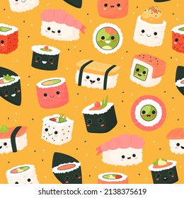 Cute Sushi Rolls Seamless Pattern. Cartoon Funny Foods Characters, Yummy Little Pieces With Kawaii Faces, Japan Rice, Yellow Background. Decor Textile, Wrapping Paper Wallpaper, Vector Print