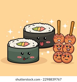 cute sushi rollsand takoyaki in kawaii style with smiling faces. Japanese traditional cuisine dishes. Can be used for t-shirt print, sticker, greeting card, menu design.