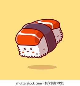 Cute Sushi Salmon Cartoon Vector Icon Illustration. Food Character Icon Concept Isolated Premium Vector. Flat Cartoon Style