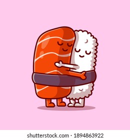 Cute Sushi Salmon Couple Hug Cartoon Vector Icon Illustration. Food Love Icon Concept Isolated Premium Vector. Flat Cartoon Style