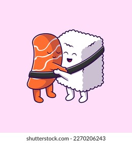 Cute Sushi Salmon Couple Hug Cartoon Vector Icons Illustration. Flat Cartoon Concept. Suitable for any creative project.