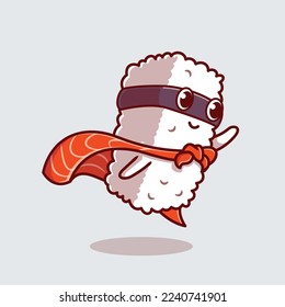 Cute Sushi Salmon Hero Cartoon Vector Icon Illustration. Food Fashion Icon Concept Isolated Premium Vector. Flat Cartoon Style