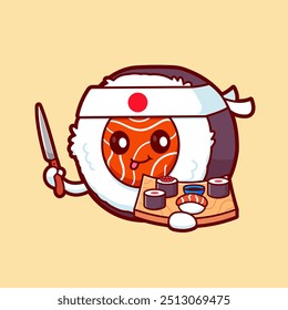 Cute Sushi Salmon Holding Knife With Sushi Cartoon Vector Icon Illustration. Food Object Icon Concept Isolated Premium Vector. Flat Cartoon Style