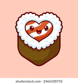 Cute Sushi Salmon Love Heart Shape Cartoon Vector Icon Illustration. Food Object Icon Concept Isolated Premium Vector. Flat Cartoon Style