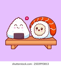 Salmón lindo del sushi con el sushi de Onigiri en la ilustración del icono del Vector de la historieta de la placa. Concepto de icono de objeto de comida Vector de Premium aislado. Estilo plano de la historieta