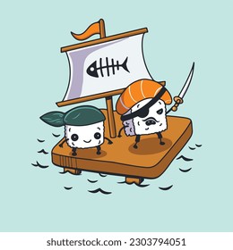 Cute Sushi Salmon Pirate Cartoon Vector Icon Illustration. Food Recreation Icon Concept Isolated Premium Vector. Flat Cartoon Style