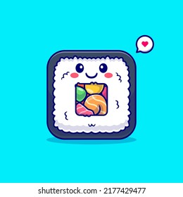 Cute Sushi Salmon Roll Cartoon Vector Icon Illustration. Food Object Icon Concept Isolated Premium Vector. Flat Cartoon Style