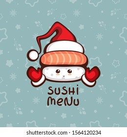 Cute Sushi with salmon in Santa hat and mittens. Vector illustration for festive new year and christmas menu decoration. Template for sushi bar logo.