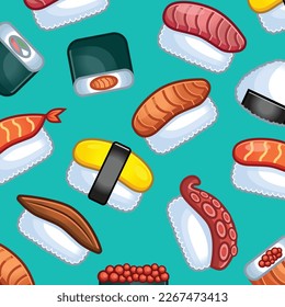 Cute sushi sashimi background. Seamless vector pattern for paper, wrapping, fabrics. cartoon flat design illustration art pastel colors on colorful background template.
