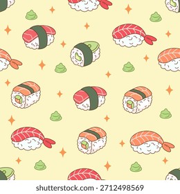 Lindo patrón de sushi sin costuras. Comida japonesa kawaii de fondo. Sushi y Wasabi Doodle Repetir. Patrón de Nigiri y Maki amarillo pastel. Rollos de sushi feliz y fondo de sashimi.