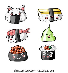 Cute sushi set illustration. Kawaii food emoji